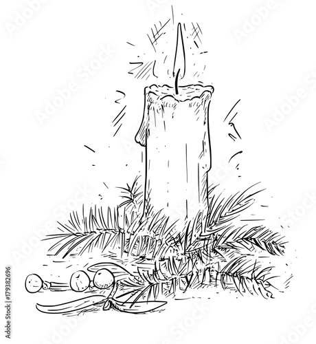 Christmas Candle with Spruce and Mistletoe Branches Drawing Vector Illustration