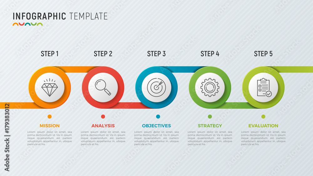 Vector timeline chart infographic design for data visualization. 5 steps, options, processes.