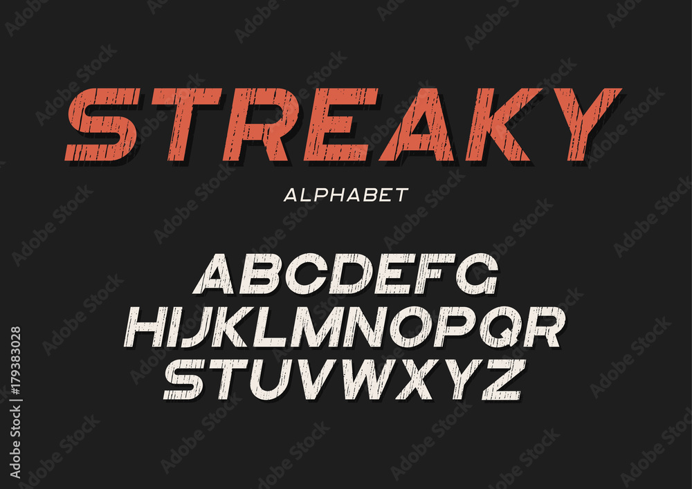 Streaky decorative textured bold font with grunge effect. Vector alphabet letters, typeface.