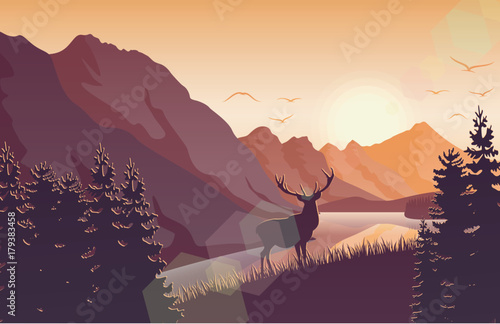 Sunset mountain landscape with deer in a forest near a lake