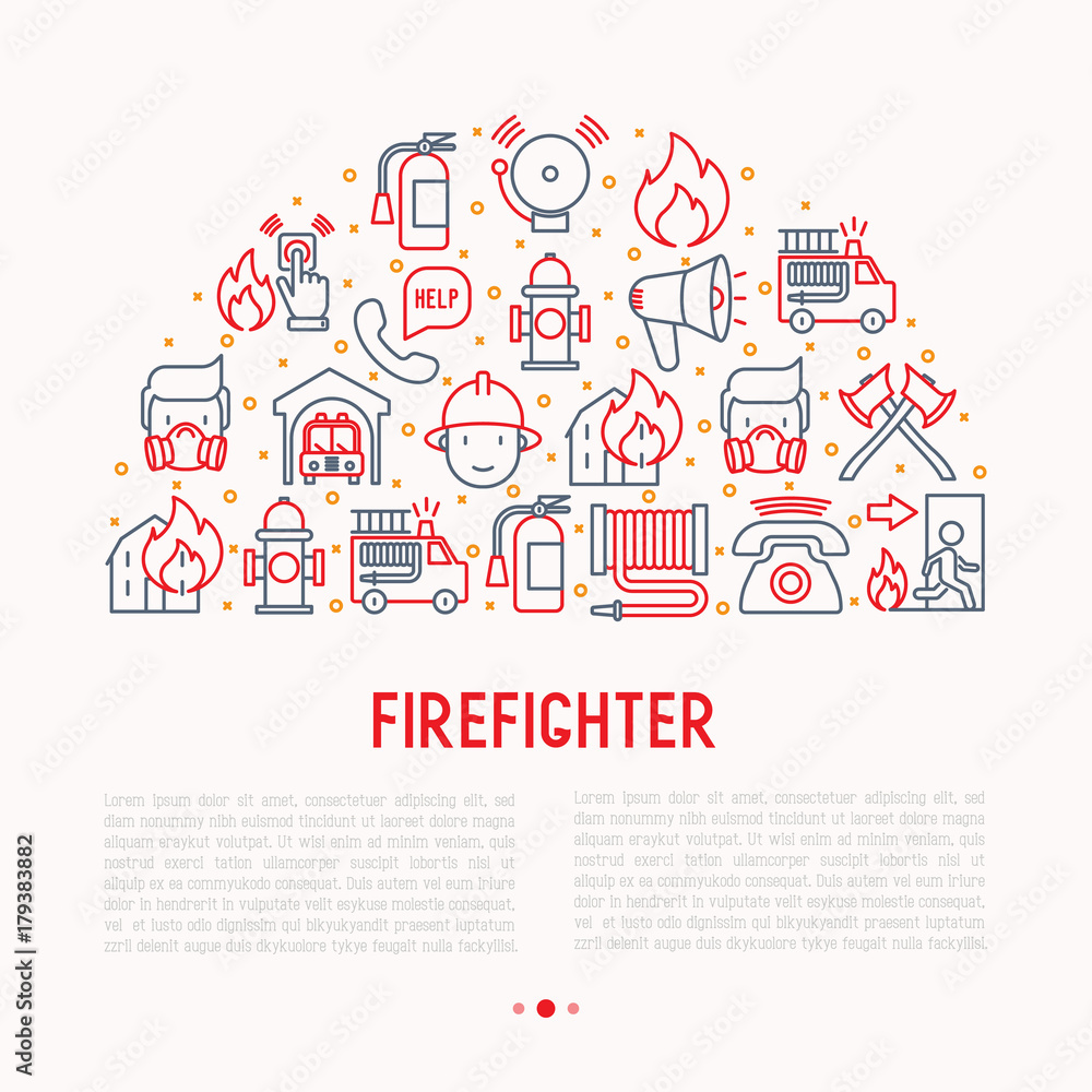 Firefighter concept in half circle with thin line icons: fire, extinguisher, axes, hose, hydrant. Modern vector illustration for banner, web page, print media.