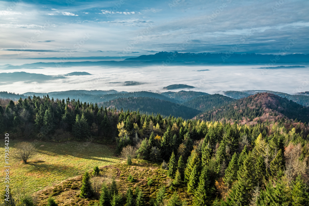 Beautiful view to Tatras at sunrise in autumn