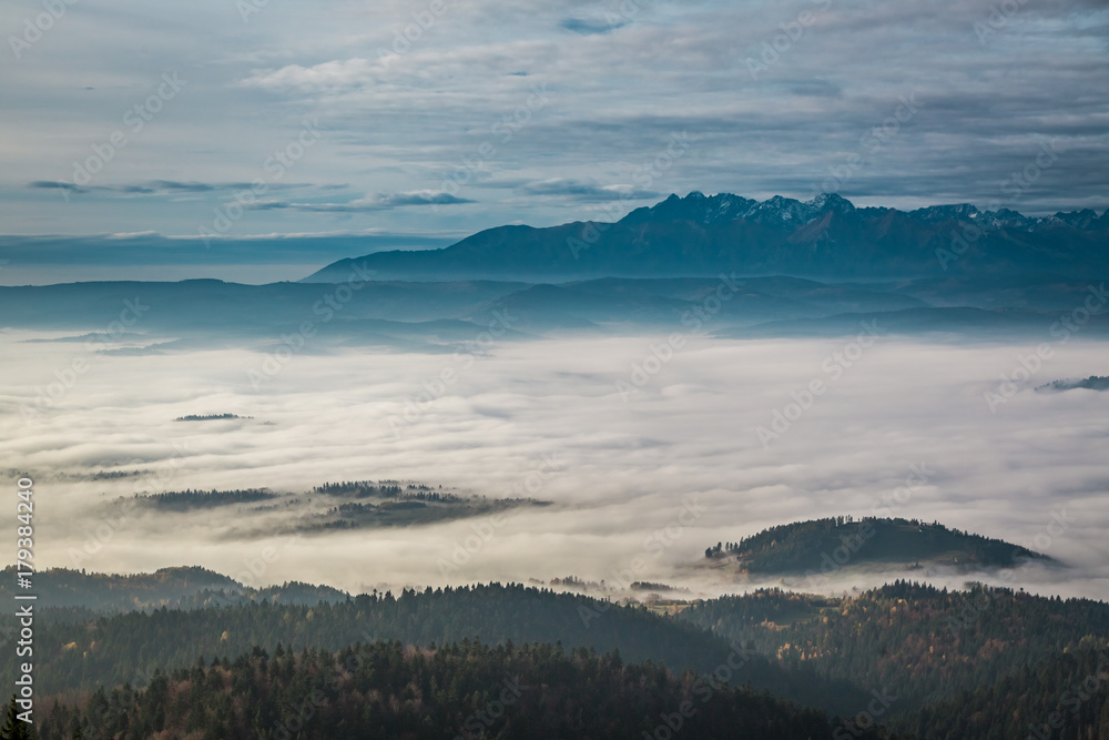 Stunning view to Tatras at sunrise in autumn