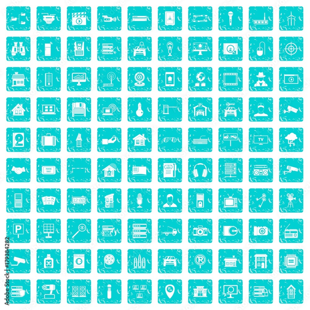 100 camera icons set grunge blue
