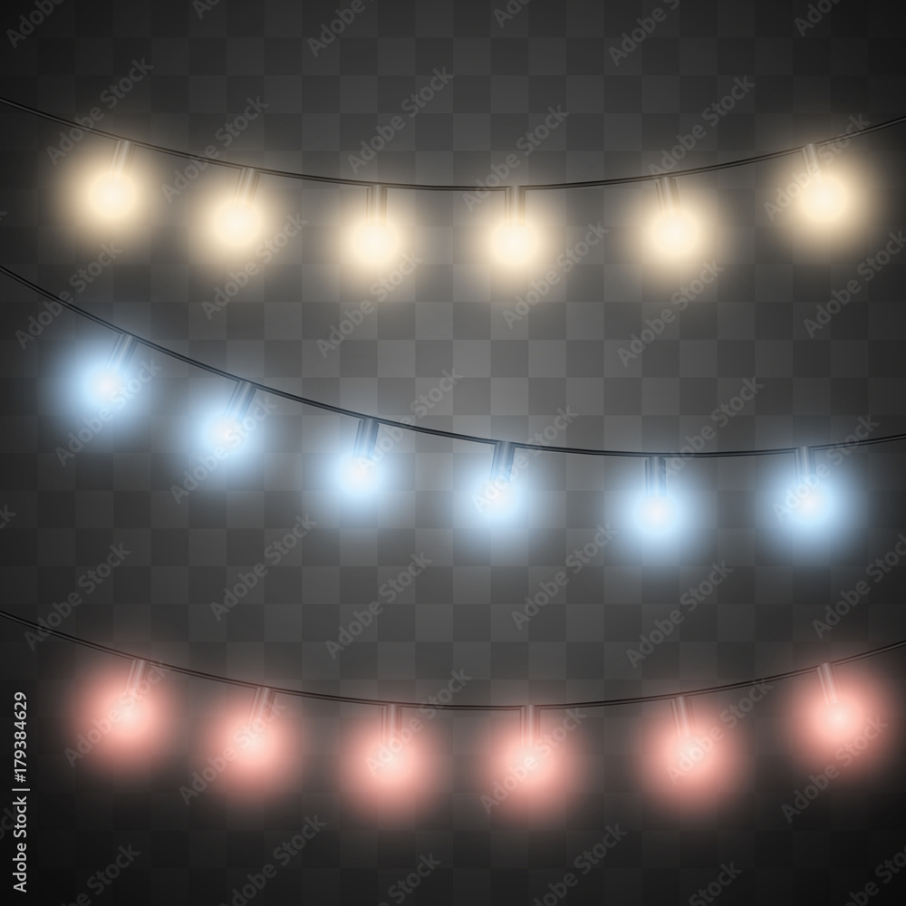 Set of color garlands, festive glowing christmas lights isolated on transparent background. Vector Illustration.