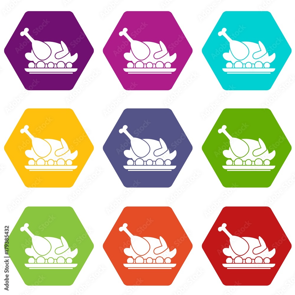 Roasted turkey icon set color hexahedron Roasted turkey icon set color hexahedron