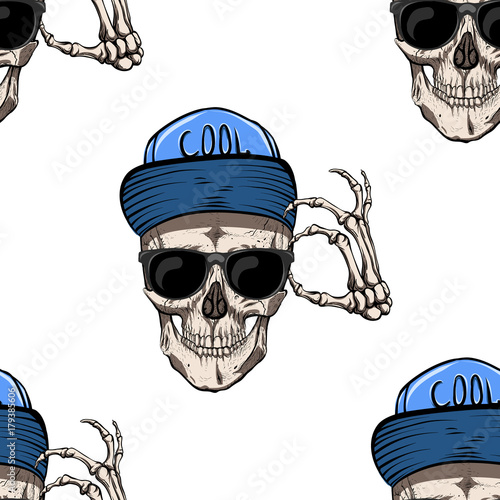 Skull in the cap. Sunglasses. He welcomes everyone. Seamless pattern.
