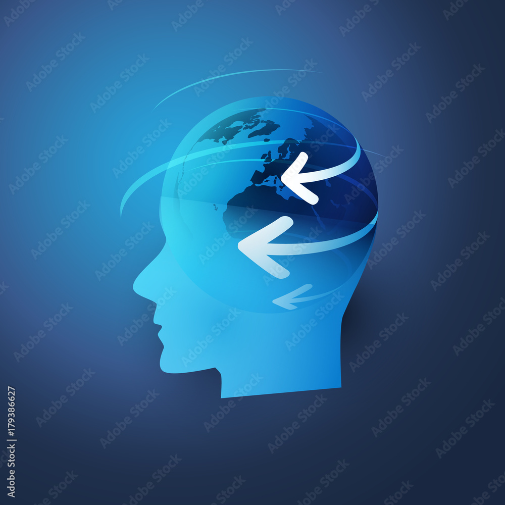 Machine Learning, Artificial Intelligence and Networks Design Concept with Earth Globe Inside of a Human Head - Vector Design