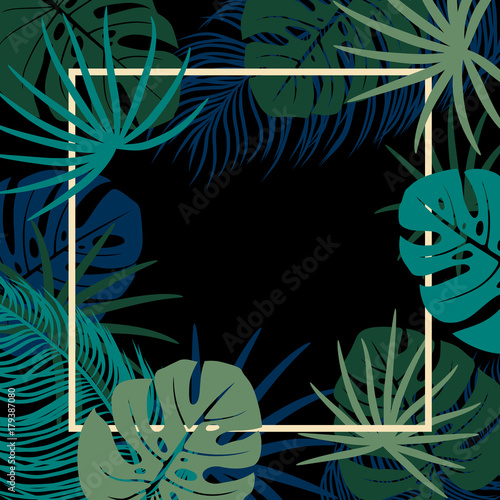 Tropical leaves on black background with copy space vector illustration