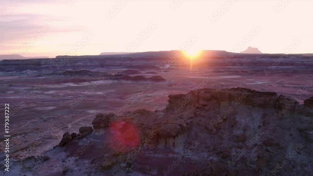 Aerial view at sunset with Mars research station in the background in the Utah desert. Aerial view at sunset with Mars research station in the background in the Utah desert.