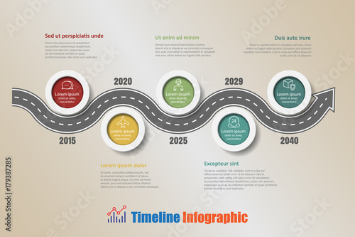 Road map business timeline infographic with 5 steps circle designed for background elements diagram planning process web pages workflow digital technology data presentation chart. Vector illustration