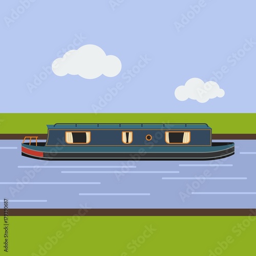 Editable Side View Typical Narrow Boat on Canal Vector Illustration in Flat Style for Transportation or Recreation of United Kingdom or Europe Related Design