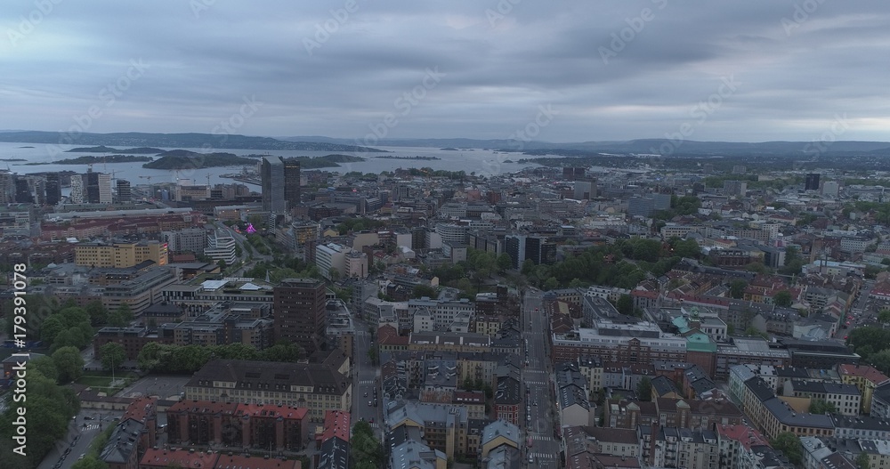 Drone View, Oslo Norway on a cloudy overcast afternoon,  Aerial View
