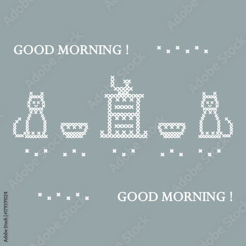 Cute vector illustration cross embroidery of teapot with two cups and two cats.