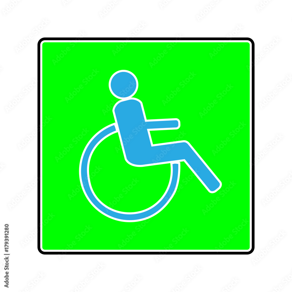 Disabled sign in green square. Mark disability. Icon a place open passage. Symbol paralyzed and human on wheelchair. Safety person warning handicapped illustration. Design element. Illustration Disabled sign in green square. Mark disability. Icon a place open passage. Symbol paralyzed and human on wheelchair. Safety person warning handicapped illustration. Design element. Illustration