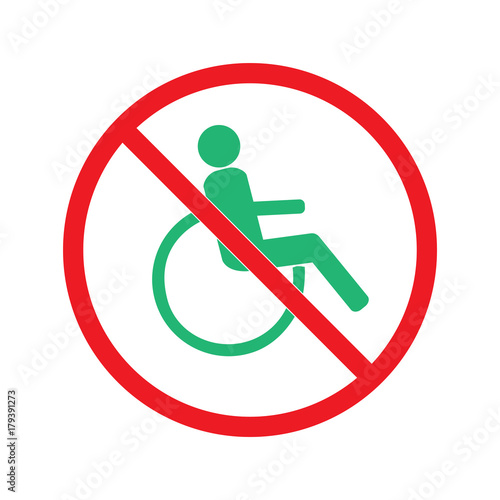 Disabled sign in red circle. Mark disability. Icon a place open passage. Symbol paralyzed and human on wheelchair. Safety person warning handicapped illustration. Design element. Vector illustration