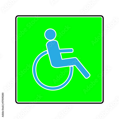 Disabled sign in green square. Mark disability. Icon a place open passage. Symbol paralyzed and human on wheelchair. Safety person warning handicapped illustration. Design element. Illustration