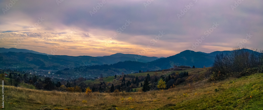 Fototapeta Ukrainian Carpathian Mountains landscape background during the sunset in the autumn season