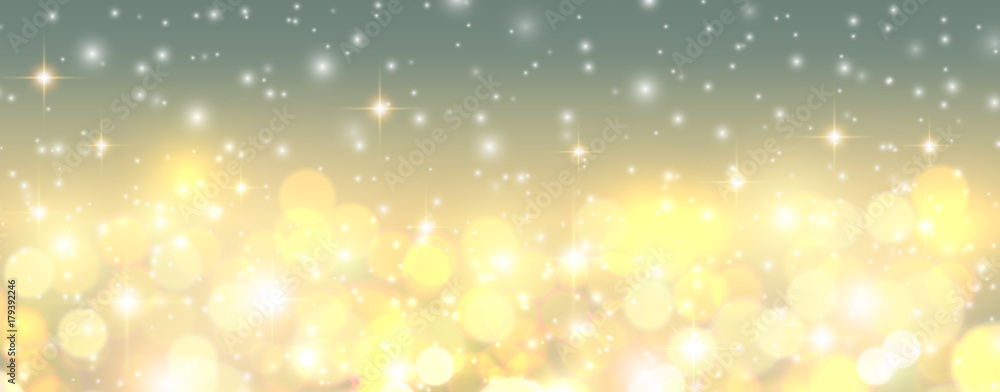 Christmas background, golden blurred lights, snowflakes and glittering bokeh 