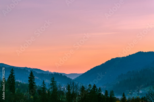 Ukrainian Carpathian Mountains landscape background during the sunset in the autumn season