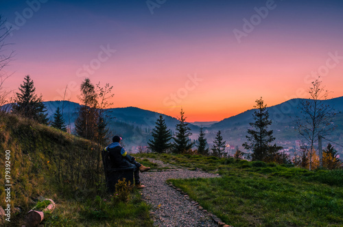 Ukrainian Carpathian Mountains landscape background during the sunset in the autumn season