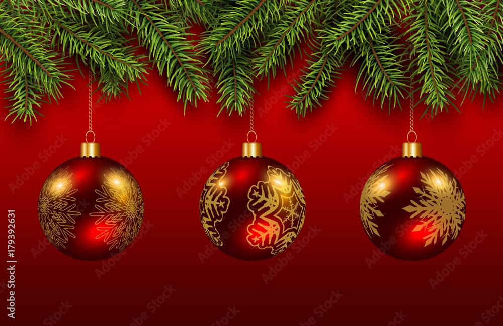 Christmas baubles red and gold with green pine tree Christmas baubles red and gold with green pine tree