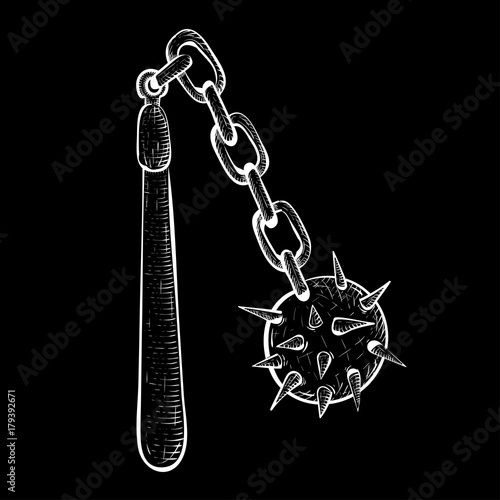 Flail. Medieval weapon - spiked metal ball with chain and wooden handle. White sketch on black background