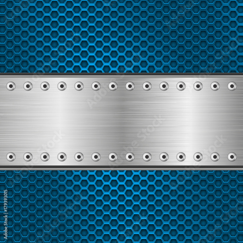 Blue metal perforated texture with stainless steel plate with rivets