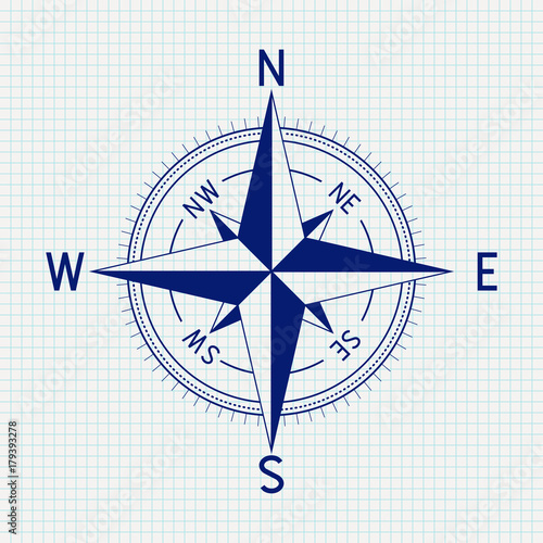 Compass, wind rose. Vector illustration on lined paper background