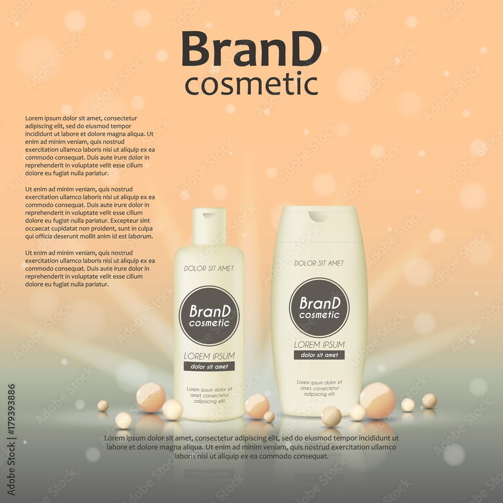 3D realistic cosmetic bottle ads template. Cosmetic brand advertising concept design on glowing background with pearls and sparkles 3D realistic cosmetic bottle ads template. Cosmetic brand advertising concept design on glowing background with pearls and sparkles