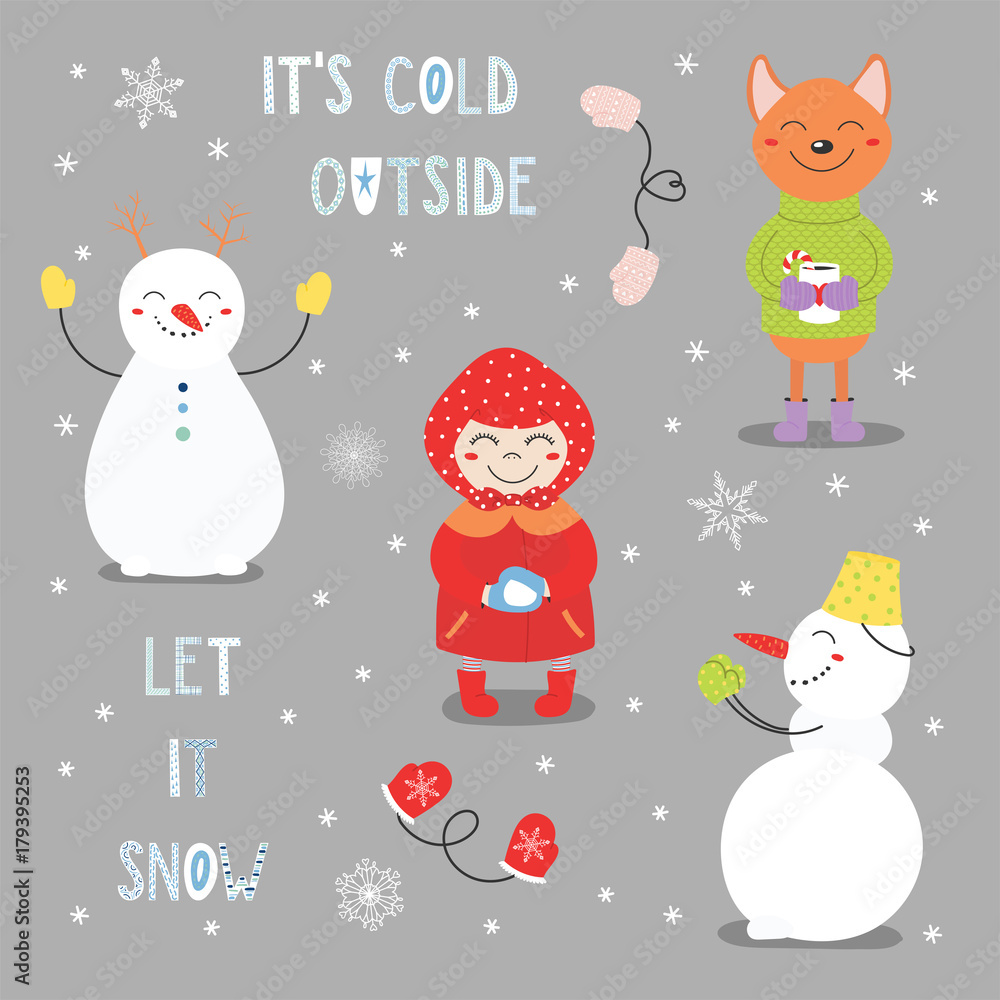 Set of hand drawn cute cartoon characters: girl making a snowball, shiba inu dog with a mug, snowmans, text It's cold outside, Let it snow. Isolated objects. Vector illustration. Design concept winter