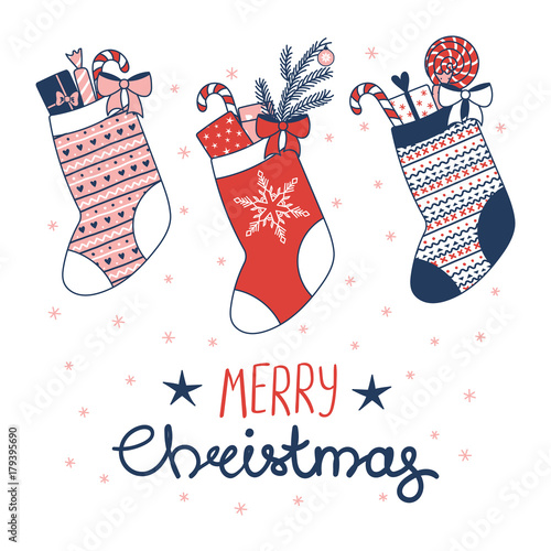 Hand drawn greeting card with various stocking filled with presents, sweets, snowflakes, text Merry Christmas. Isolated objects on white background. Vector illustration. Design concept winter holidays