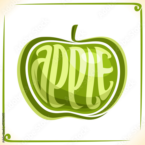 Vector logo for green Apple, label with one whole fruit for package of fresh juice or candy, price tag with original font for word apple inscribed in fruit shape, sticker for vegan grocery store