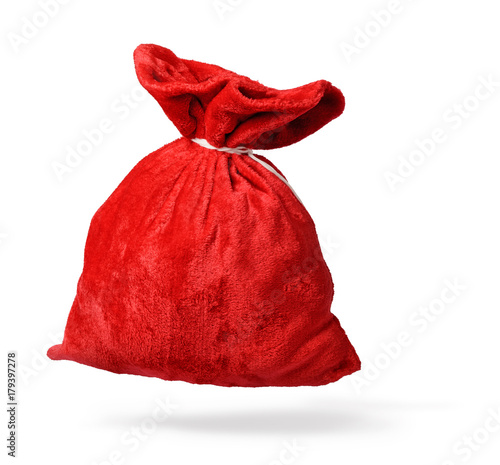 Santa Claus's red bag, full, on white background. File contains a path to isolation. 