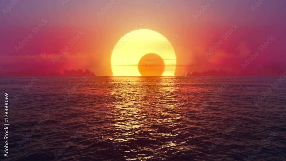 Sunset and solar eclipse over seamlessly looped ocean. Sunset and solar eclipse over seamlessly looped ocean.