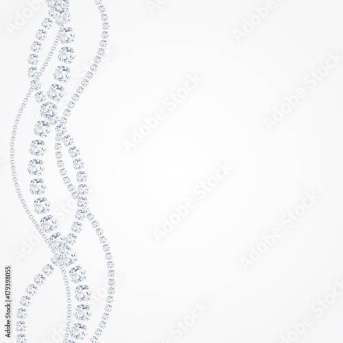 Diamond sparkling beads. Shining precious gems chain. Wavy lines. Modern jewelery background