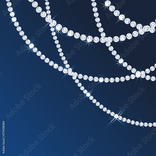 Diamond sparkling beads. Shining precious gems chain. Round shape. Modern jewelery background
