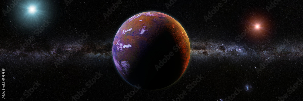 Fototapeta premium beautiful exoplanet orbiting an alien binary star system (3d space illustration banner)