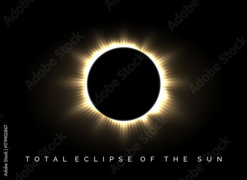Total eclipse of the sun poster. Darkness and solar corona glow in universe vector background