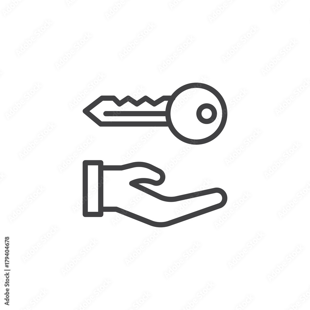 Hand holds home keys line icon, outline vector sign, linear style pictogram isolated on white. House rental symbol, logo illustration. Editable stroke Hand holds home keys line icon, outline vector sign, linear style pictogram isolated on white. House rental symbol, logo illustration. Editable stroke