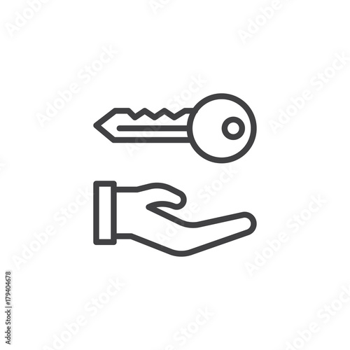 Hand holds home keys line icon, outline vector sign, linear style pictogram isolated on white. House rental symbol, logo illustration. Editable stroke