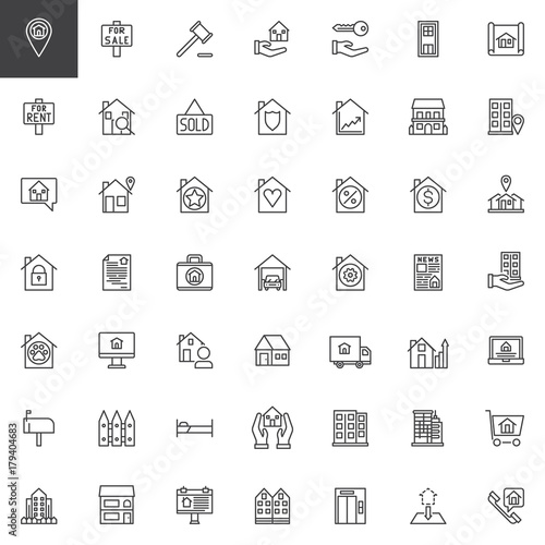 Real estate line icons set, outline vector symbol collection, linear style pictogram pack. Signs, logo illustration. Set includes icons as House sale, rent, office, auction, blueprint, residential