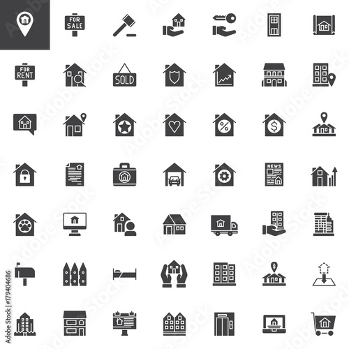 Real estate vector icons set, modern solid symbol collection, filled pictogram pack. Signs, logo illustration. Set includes icons as House sale, rent, office, auction, blueprint, residential