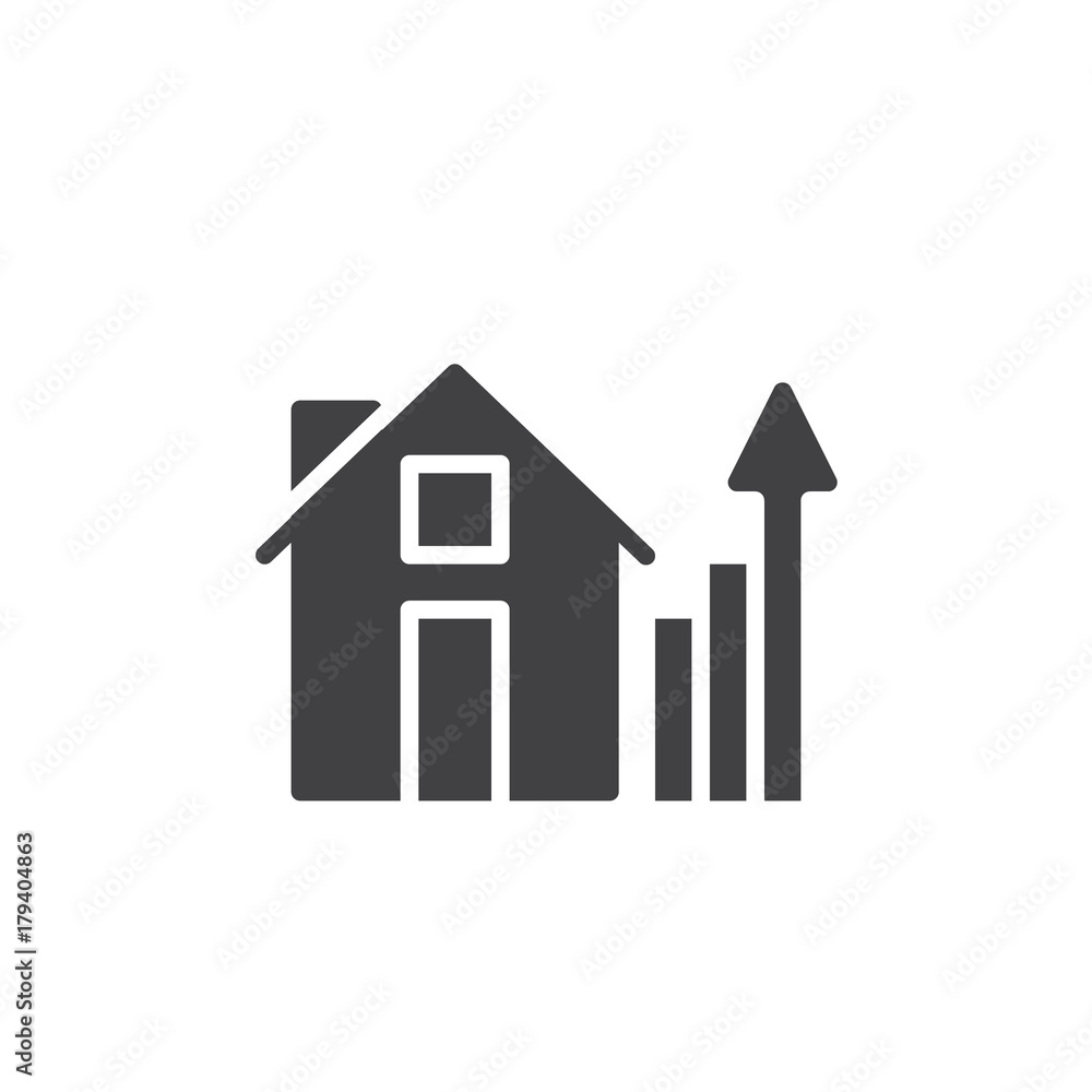 House and real estate business graph icon vector, filled flat sign, solid pictogram isolated on white. Home with growth chart symbol, logo illustration. House and real estate business graph icon vector, filled flat sign, solid pictogram isolated on white. Home with growth chart symbol, logo illustration.