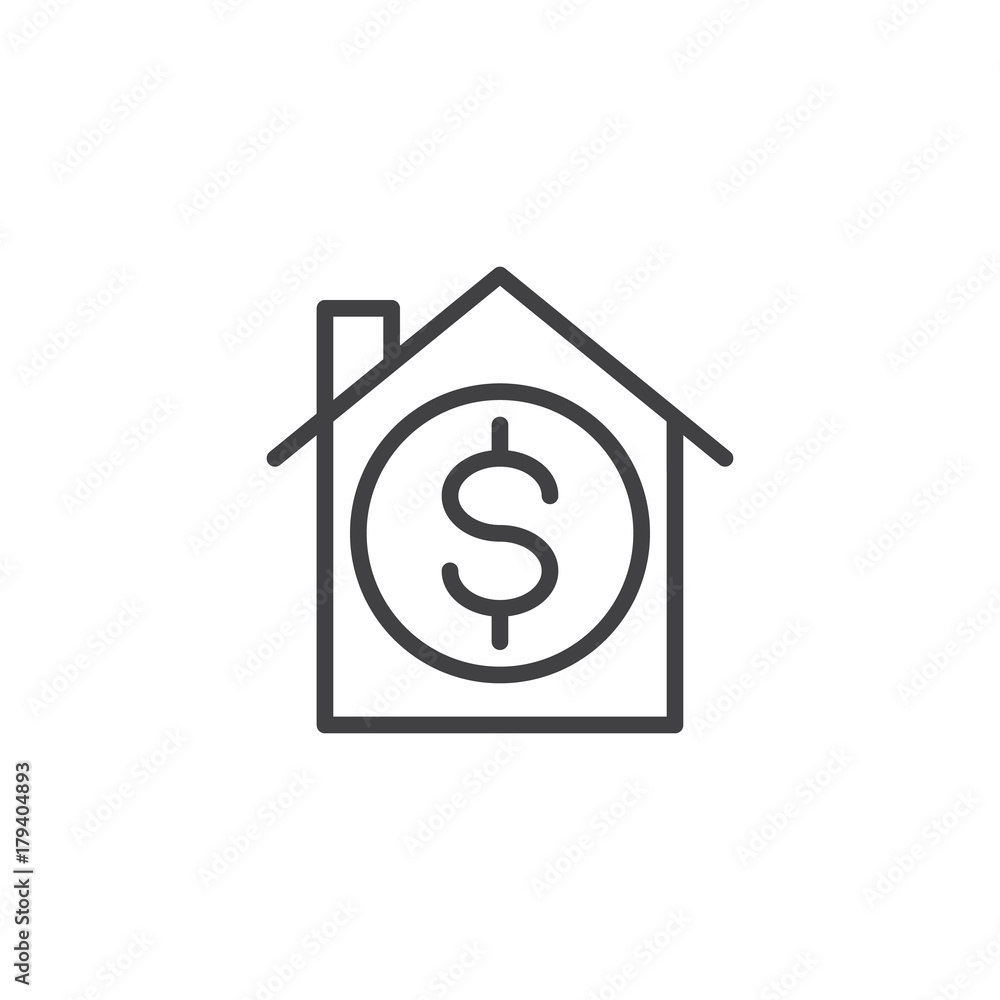 House with dollar sign line icon, outline vector sign, linear style pictogram isolated on white. Real estate, property sell symbol, logo illustration. Editable stroke House with dollar sign line icon, outline vector sign, linear style pictogram isolated on white. Real estate, property sell symbol, logo illustration. Editable stroke