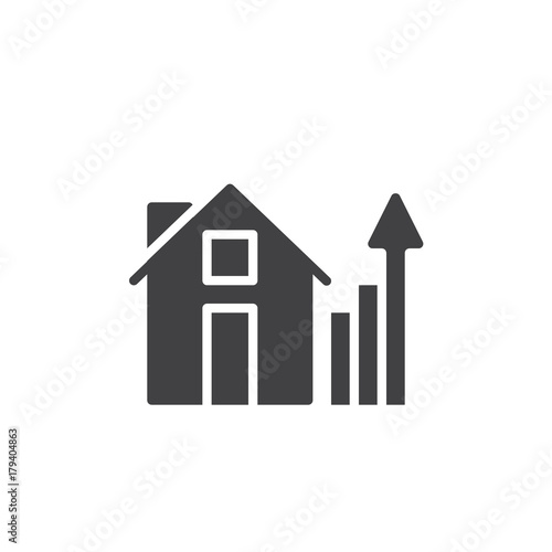 House and real estate business graph icon vector, filled flat sign, solid pictogram isolated on white. Home with growth chart symbol, logo illustration.