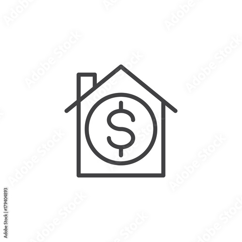 House with dollar sign line icon, outline vector sign, linear style pictogram isolated on white. Real estate, property sell symbol, logo illustration. Editable stroke