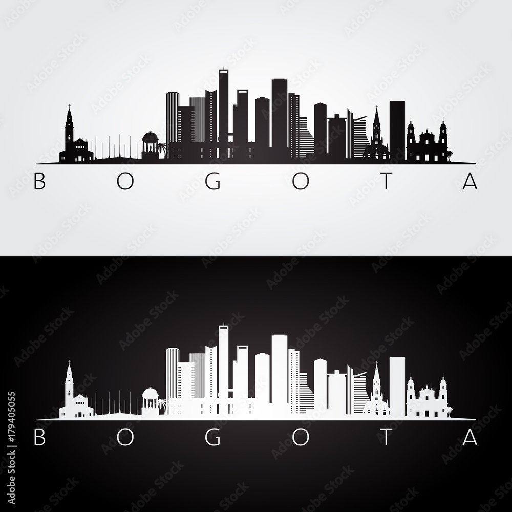 Bogota skyline and landmarks silhouette, black and white design, vector illustration.