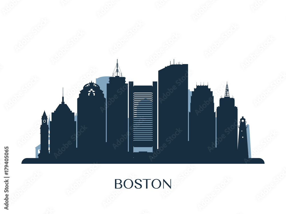 Boston skyline, monochrome silhouette. Vector illustration.