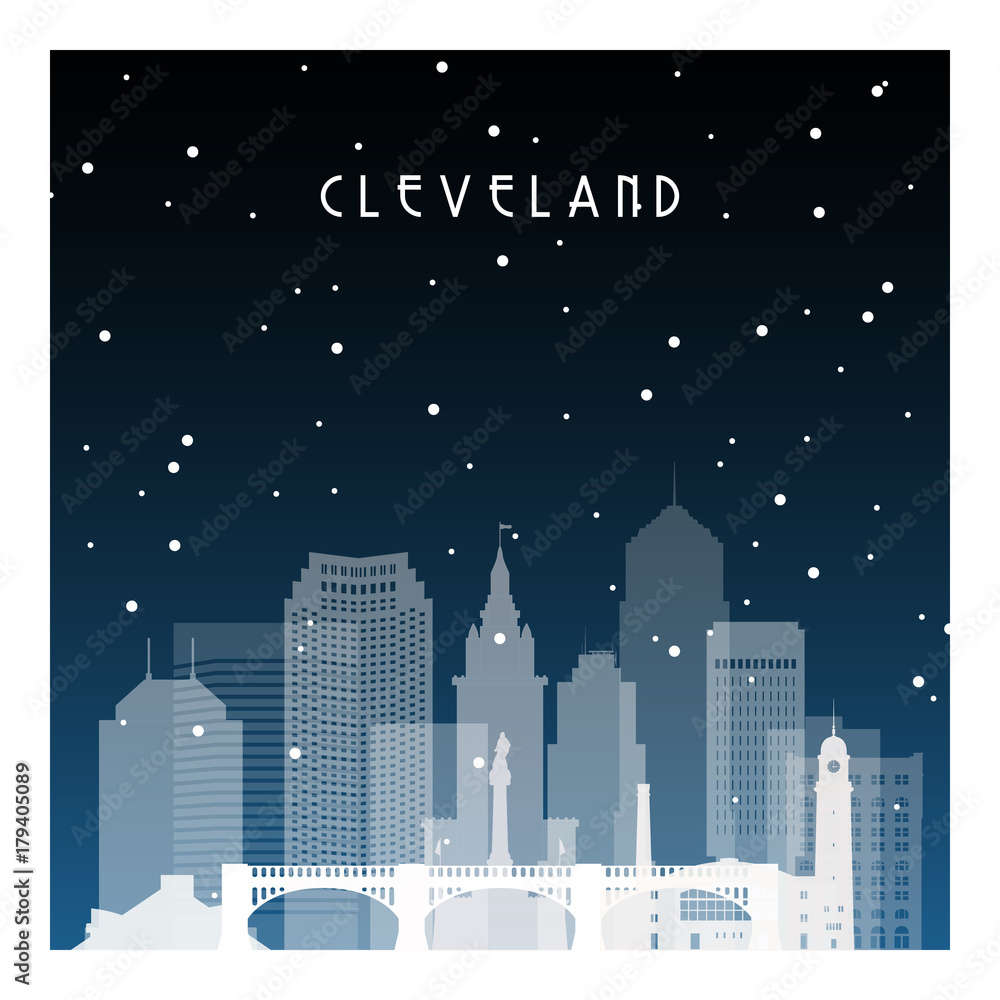 Winter night in Cleveland. Night city in flat style for banner, poster, illustration, game, background.